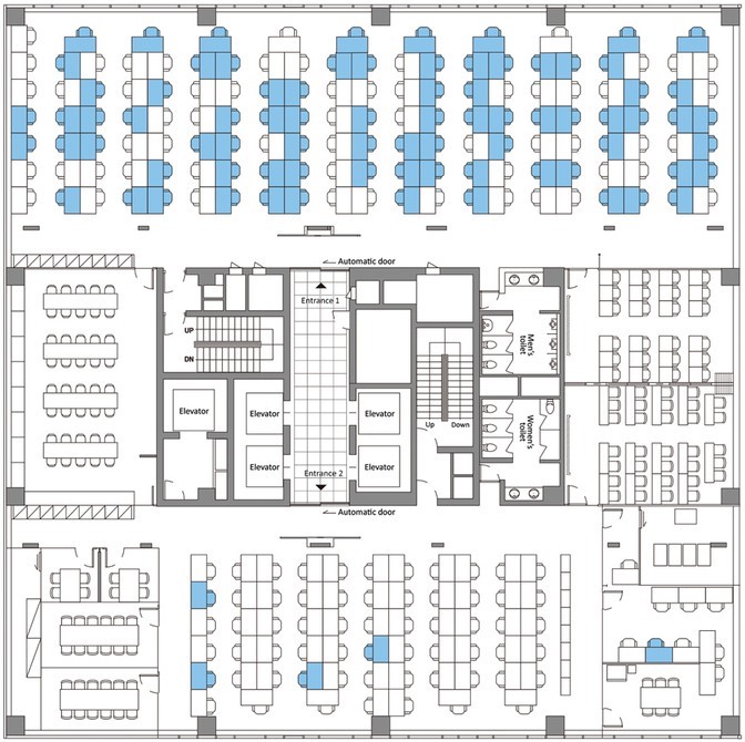 An office floor plan showing the seats where infected people were located